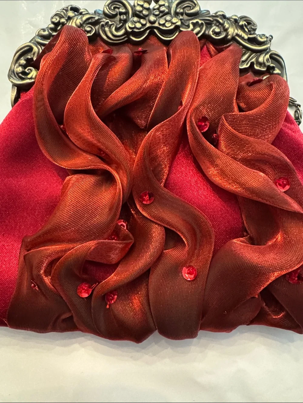 Red Satin Ruffle Evening Clutch with Ornate Frame